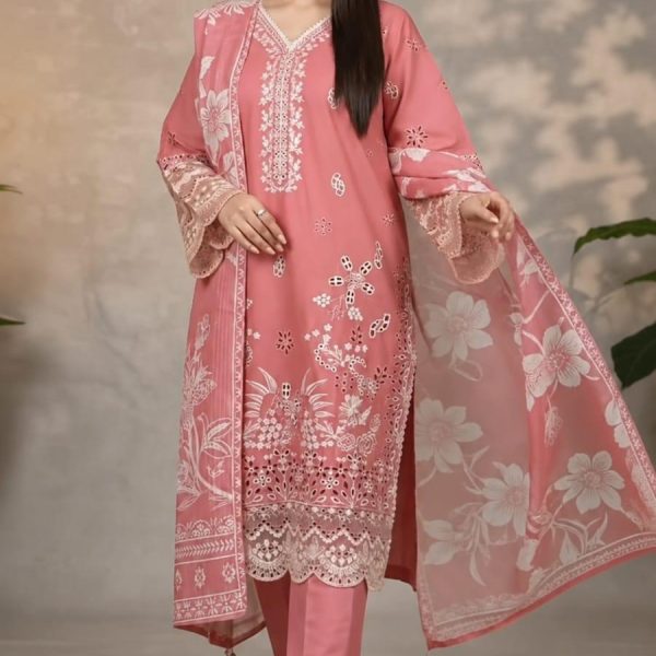 সফট পিংক প্রিমিয়াম এমব্রয়ডারি থ্রি পিস সেট